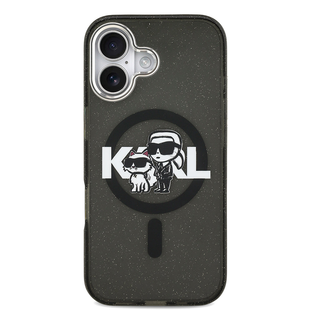 Karl Lagerfeld iPhone 17 Orjinal Lisanslı Parlayan Simli Karl & Choupette Sketch Logo Kılıf