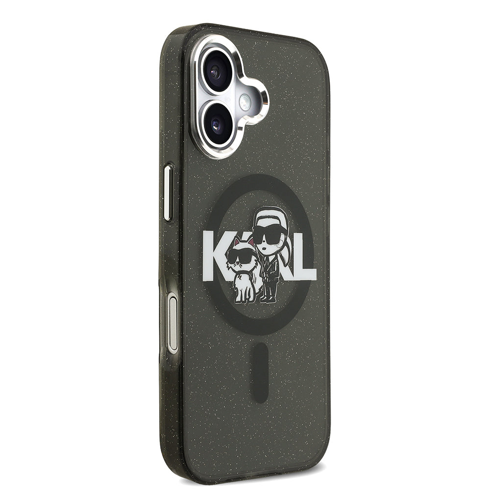 Karl Lagerfeld iPhone 17 Orjinal Lisanslı Parlayan Simli Karl & Choupette Sketch Logo Kılıf
