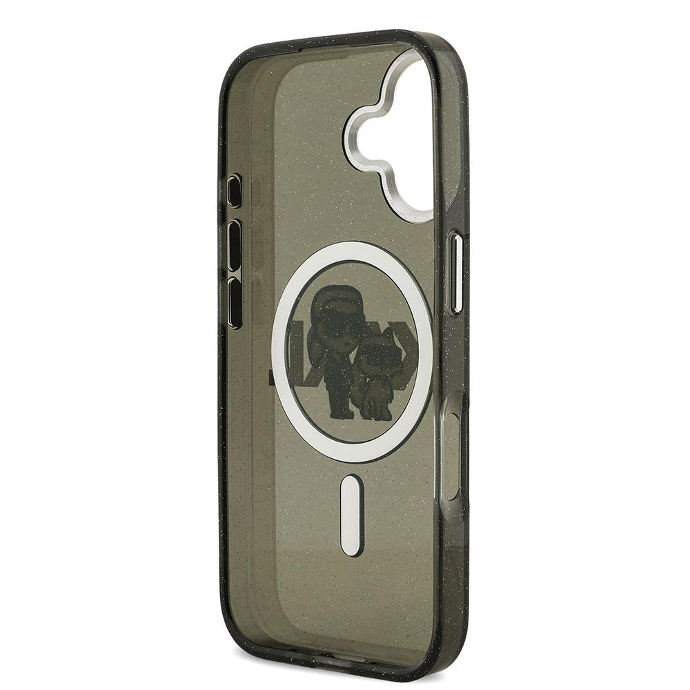 Karl Lagerfeld iPhone 17 Orjinal Lisanslı Parlayan Simli Karl & Choupette Sketch Logo Kılıf