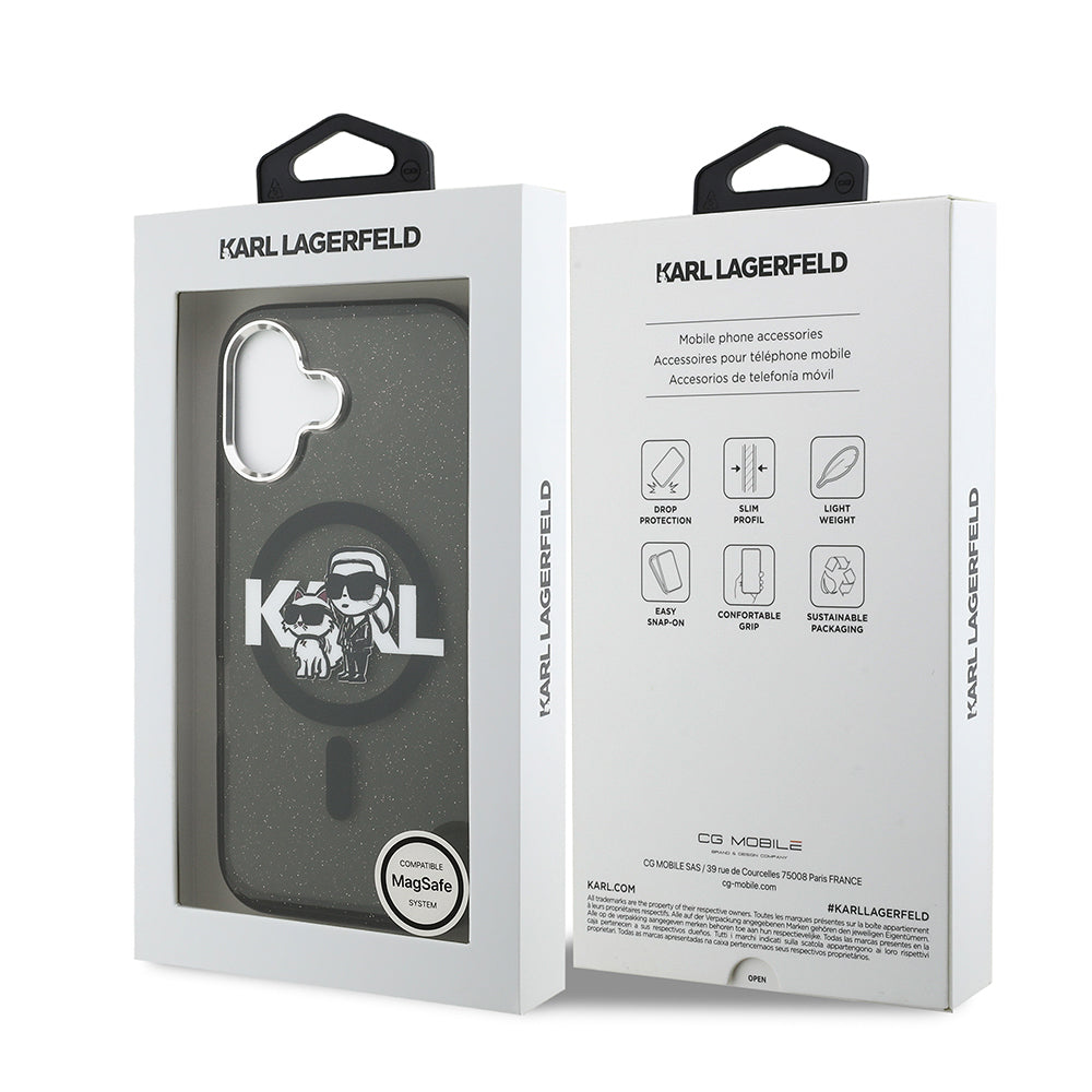 Karl Lagerfeld iPhone 17 Orjinal Lisanslı Parlayan Simli Karl & Choupette Sketch Logo Kılıf