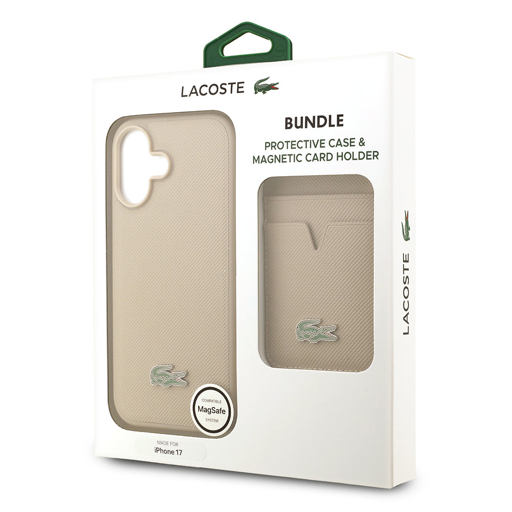Lacoste iPhone 17 Orjinal Lisanslı M-safe Şarj Özellikli PU Pike Desenli Metal Logolu Kartlıklı Kılıf