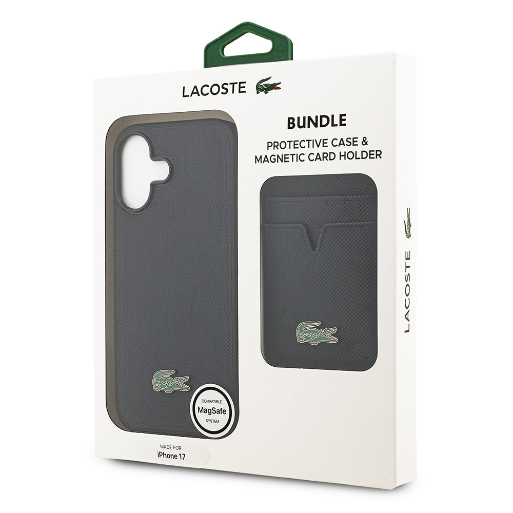 Lacoste iPhone 17 Orjinal Lisanslı M-safe Şarj Özellikli PU Pike Desenli Metal Logolu Kartlıklı Kılıf