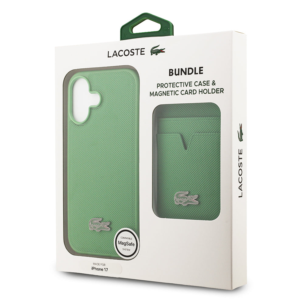 Lacoste iPhone 17 Orjinal Lisanslı M-safe Şarj Özellikli PU Pike Desenli Metal Logolu Kartlıklı Kılıf