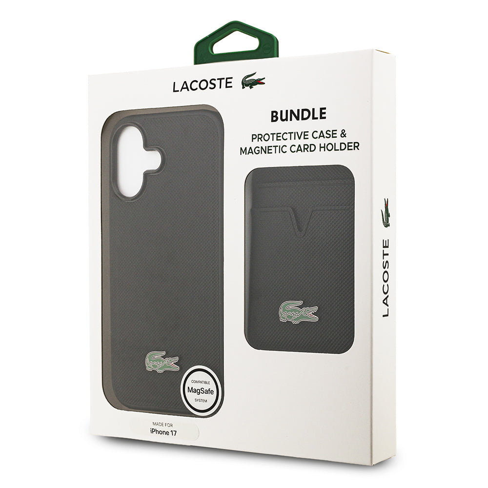 Lacoste iPhone 17 Orjinal Lisanslı M-safe Şarj Özellikli PU Pike Desenli Metal Logolu Kartlıklı Kılıf