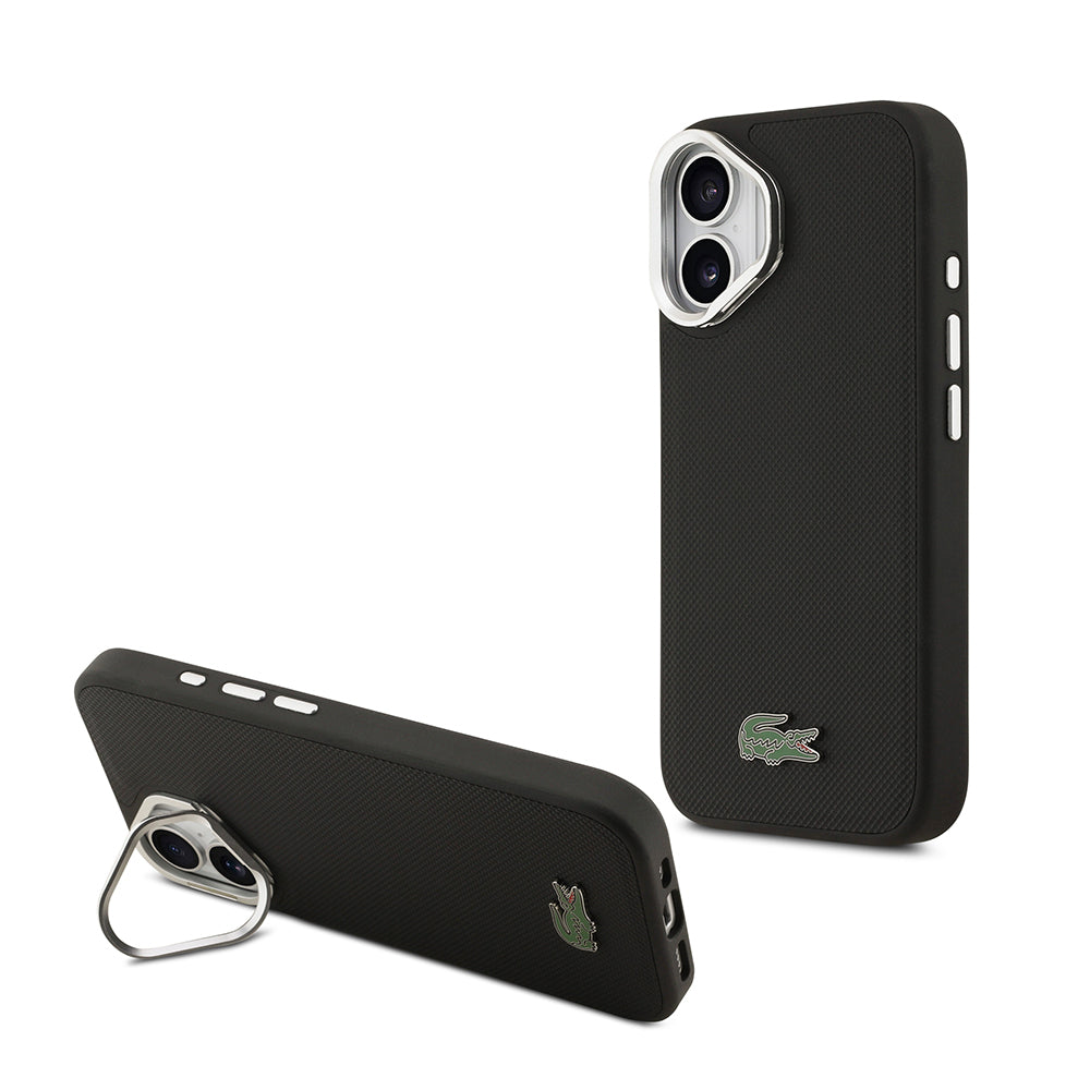 Lacoste iPhone 17 Orjinal Lisanslı M-safe Şarj Özellikli PU Pike Desenli Standlı Metal Logolu Kılıf