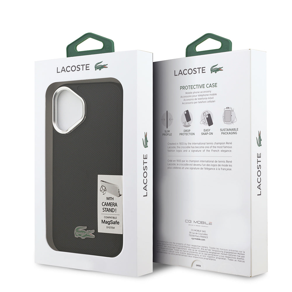 Lacoste iPhone 17 Orjinal Lisanslı M-safe Şarj Özellikli PU Pike Desenli Standlı Metal Logolu Kılıf