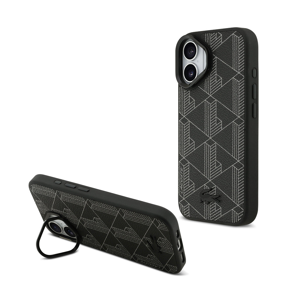 Lacoste iPhone 17 Orjinal Lisanslı M-safe Şarj Özellikli Standlı PU Deri Karışık Monogram Desenli Kılıf