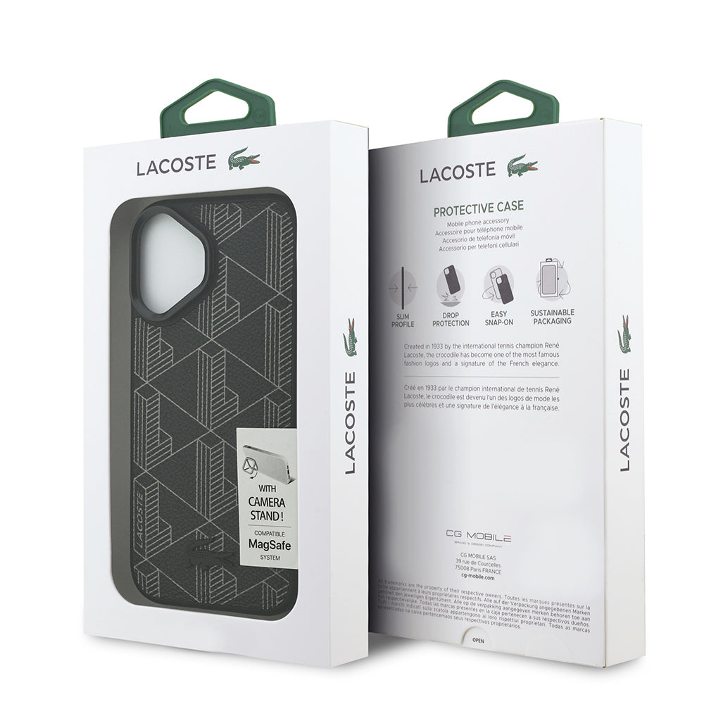 Lacoste iPhone 17 Orjinal Lisanslı M-safe Şarj Özellikli Standlı PU Deri Karışık Monogram Desenli Kılıf