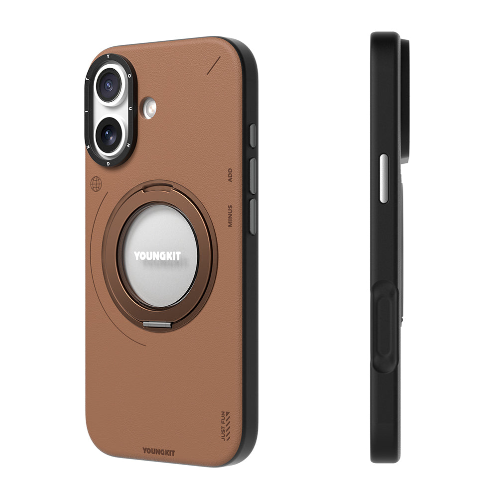 Youngkit Tech Leather Serisi iPhone 17 Kılıf M-safe 360 Derece Standlı Basit Mat Deri Desenli Kılıf