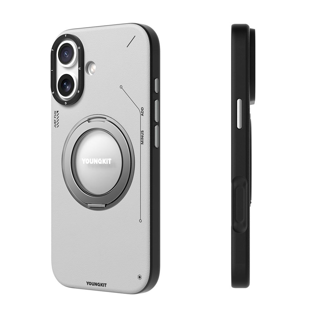 Youngkit Tech Leather Serisi iPhone 17 Kılıf M-safe 360 Derece Standlı Basit Mat Deri Desenli Kılıf