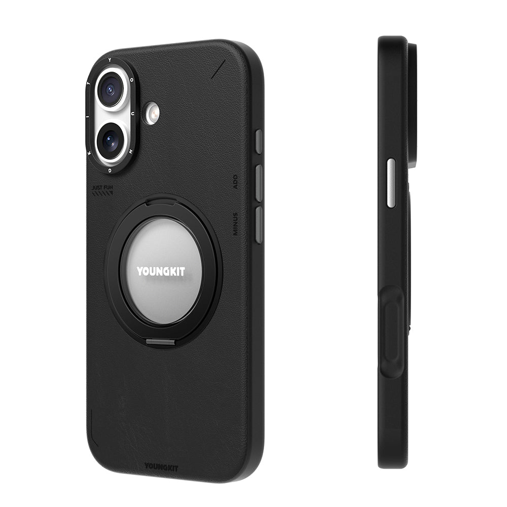 Youngkit Tech Leather Serisi iPhone 17 Kılıf M-safe 360 Derece Standlı Basit Mat Deri Desenli Kılıf