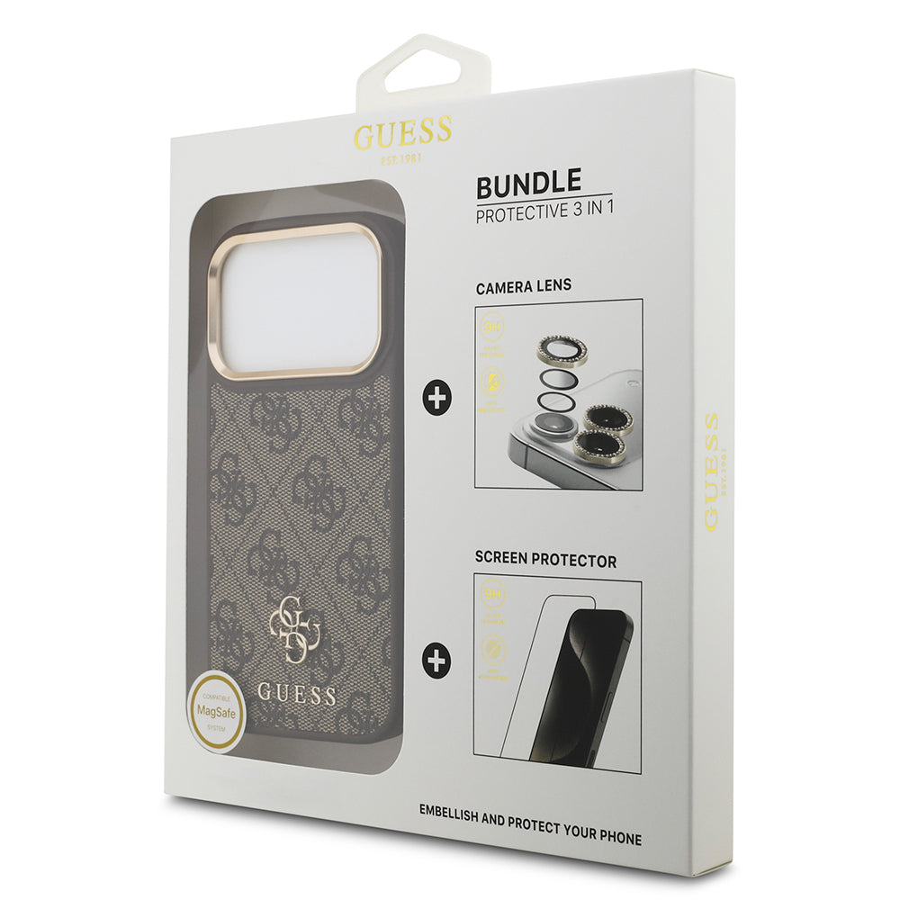 Guess iPhone 17 Pro Orjinal Lisanslı 4G ve Yazı Logolu Kılıf + Ekran Koruyucu + Lens Koruyucu 3in1 Aksesuar Seti