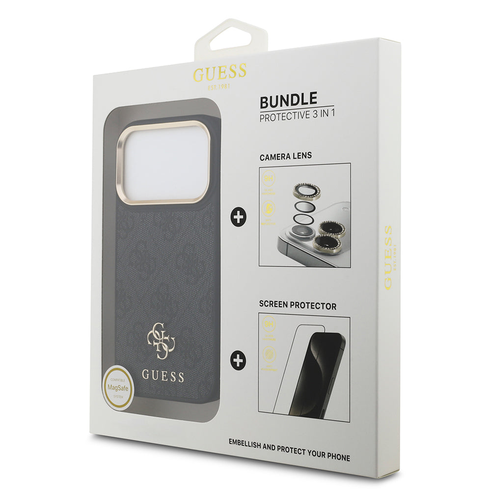 Guess iPhone 17 Pro Orjinal Lisanslı 4G ve Yazı Logolu Kılıf + Ekran Koruyucu + Lens Koruyucu 3in1 Aksesuar Seti