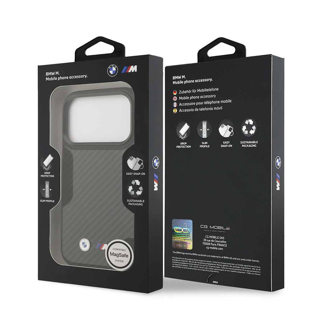 BMW iPhone 17 Pro Orjinal Lisanslı M-safe Şarj Özellikli Karbon Fiber Metal Logolu Kevlar Kılıf