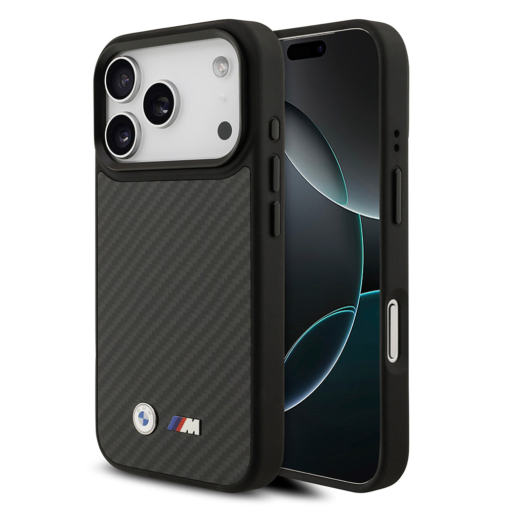 BMW iPhone 17 Pro Orjinal Lisanslı M-safe Şarj Özellikli Karbon Fiber Metal Logolu Kevlar Kılıf