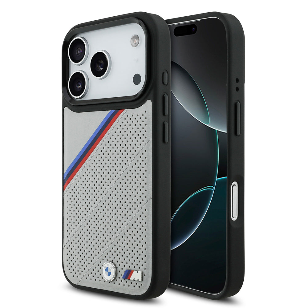 BMW iPhone 17 Pro Orjinal Lisanslı M-safe Şarj Özellikli M Logolu Üç Şeritli Delikli Deri Kılıf