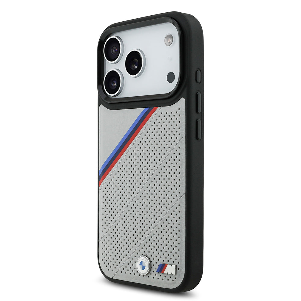 BMW iPhone 17 Pro Orjinal Lisanslı M-safe Şarj Özellikli M Logolu Üç Şeritli Delikli Deri Kılıf