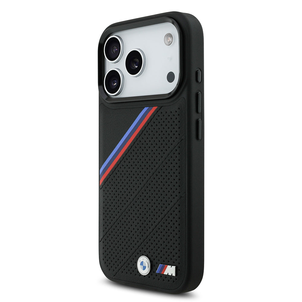 BMW iPhone 17 Pro Orjinal Lisanslı M-safe Şarj Özellikli M Logolu Üç Şeritli Delikli Deri Kılıf