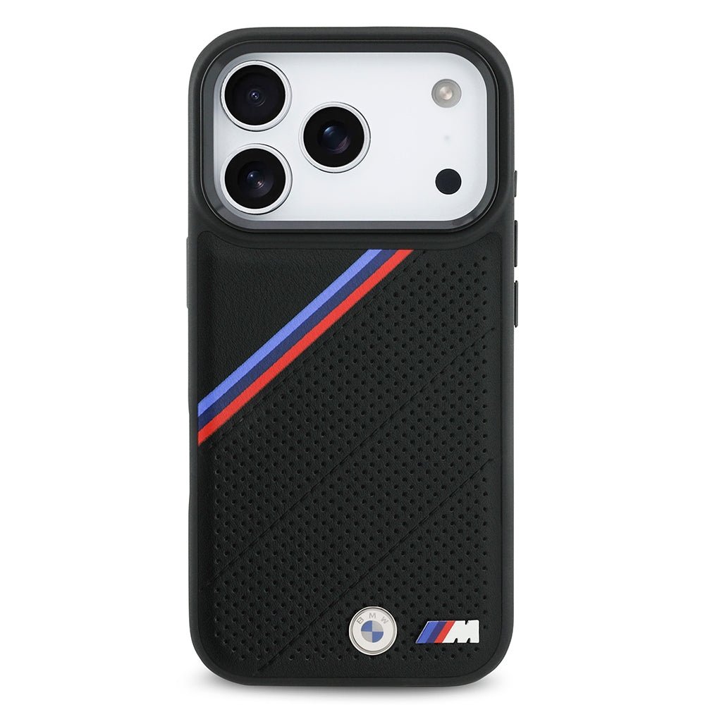 BMW iPhone 17 Pro Orjinal Lisanslı M-safe Şarj Özellikli M Logolu Üç Şeritli Delikli Deri Kılıf