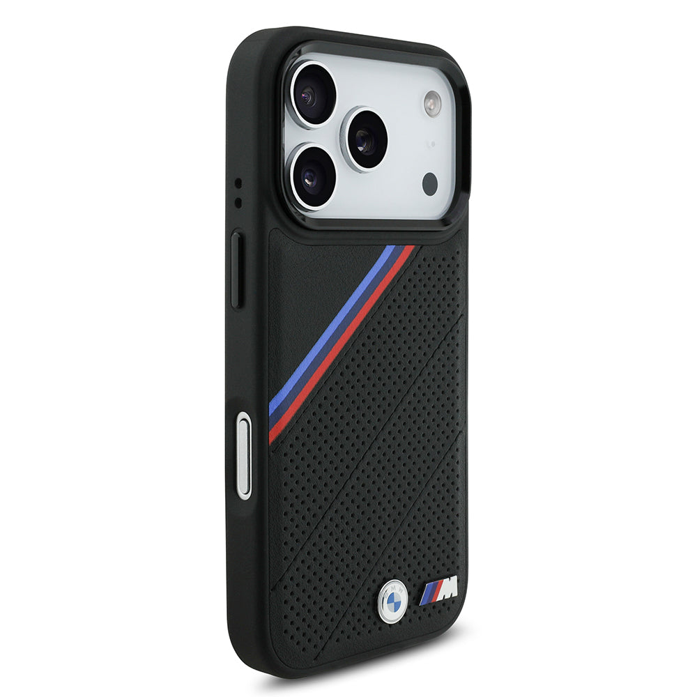 BMW iPhone 17 Pro Orjinal Lisanslı M-safe Şarj Özellikli M Logolu Üç Şeritli Delikli Deri Kılıf