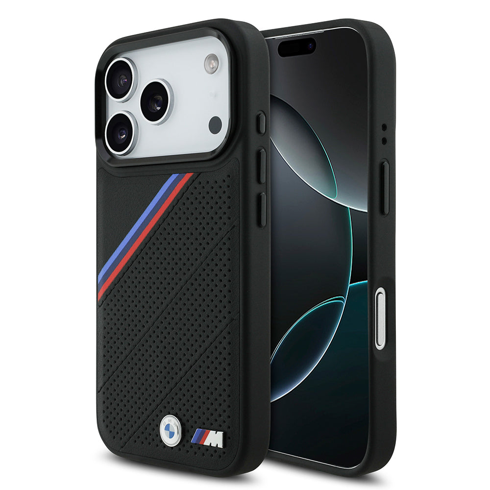 BMW iPhone 17 Pro Orjinal Lisanslı M-safe Şarj Özellikli M Logolu Üç Şeritli Delikli Deri Kılıf