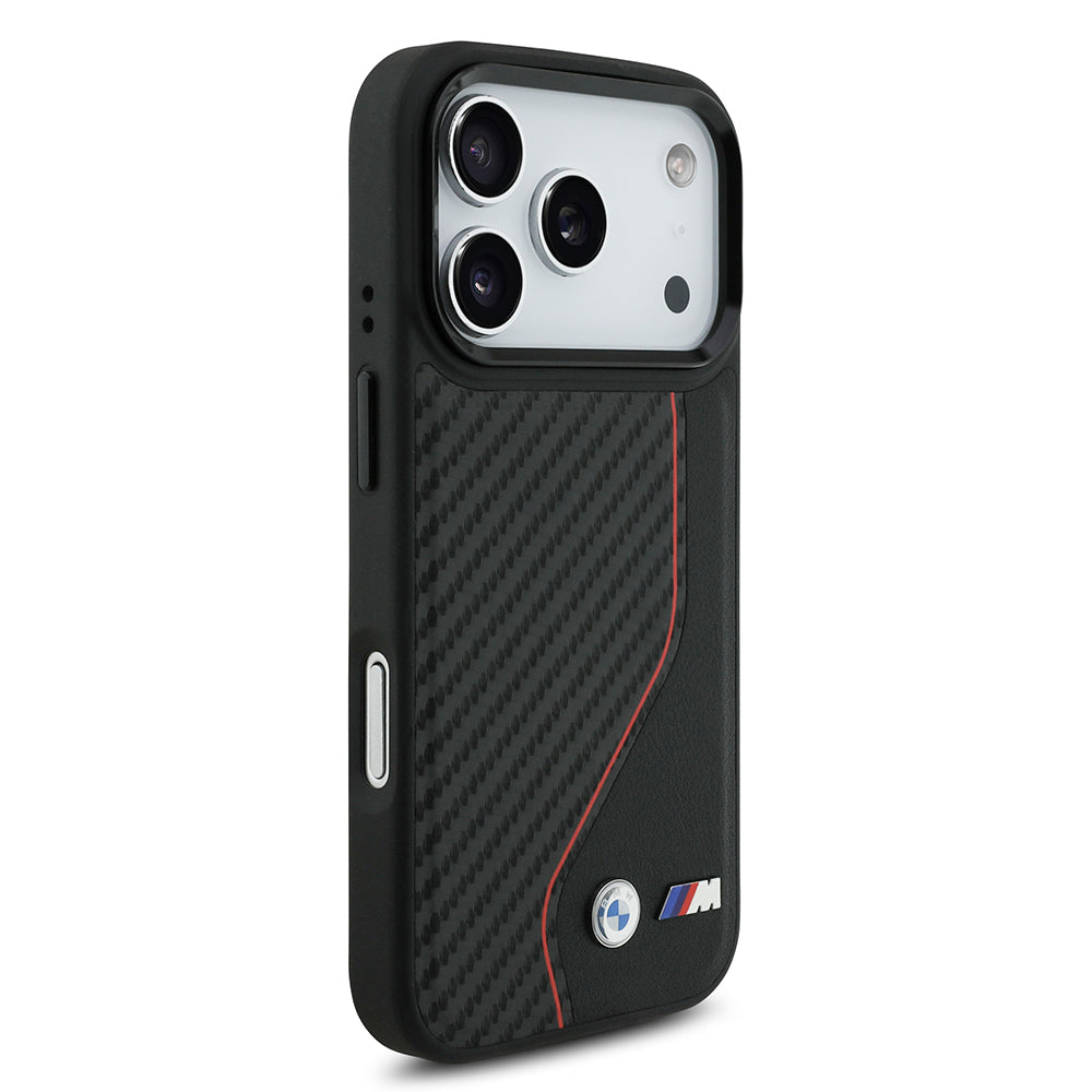 BMW iPhone 17 Pro Orjinal Lisanslı M-safe Şarj Özellikli Metal BMW ve M Logolu PU Karbon Tasarımlı Kılıf
