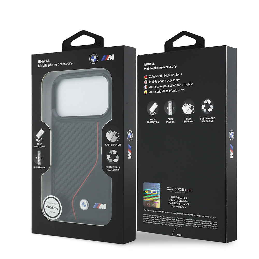 BMW iPhone 17 Pro Orjinal Lisanslı M-safe Şarj Özellikli Metal BMW ve M Logolu PU Karbon Tasarımlı Kılıf