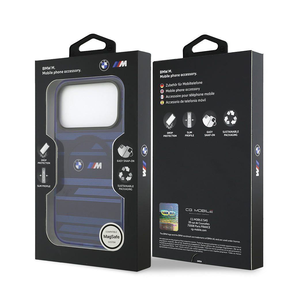 BMW iPhone 17 Pro Orjinal Lisanslı M-safe Şarj Özellikli Metal Kamera Butonlu Yatay Şeritli M Dizayn Kılıf