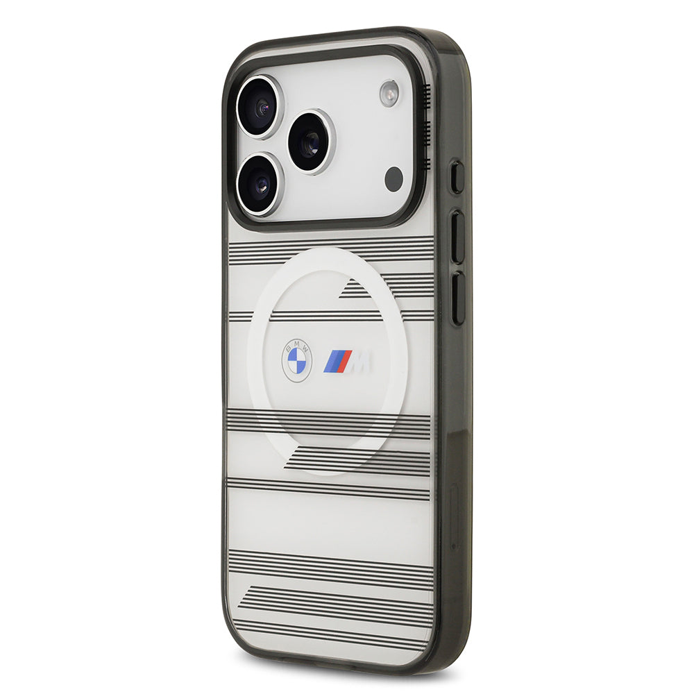 BMW iPhone 17 Pro Orjinal Lisanslı M-safe Şarj Özellikli Metal Kamera Butonlu Yatay Şeritli M Dizayn Kılıf