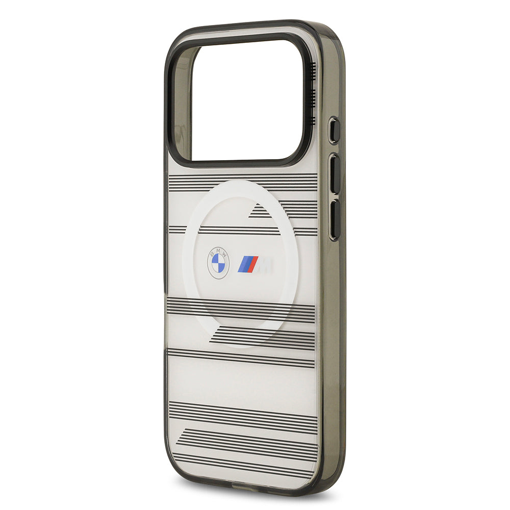 BMW iPhone 17 Pro Orjinal Lisanslı M-safe Şarj Özellikli Metal Kamera Butonlu Yatay Şeritli M Dizayn Kılıf