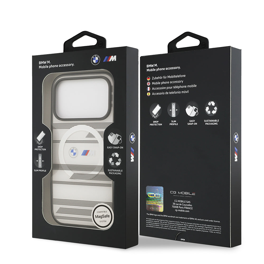 BMW iPhone 17 Pro Orjinal Lisanslı M-safe Şarj Özellikli Metal Kamera Butonlu Yatay Şeritli M Dizayn Kılıf
