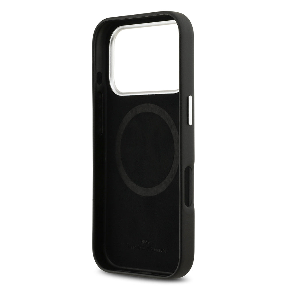 BMW iPhone 17 Pro Orjinal Lisanslı M-safe Şarj Özellikli Metal Logolu Tam Kaplama Deri Kılıf