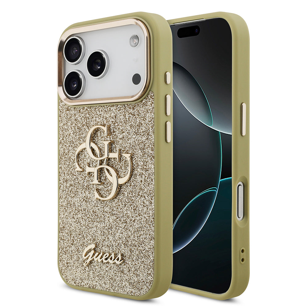 Guess iPhone 17 Pro Orjinal Lisanslı 4G Büyük Metal Kamera Çerçeveli ve Logolu Glitter Kılıf