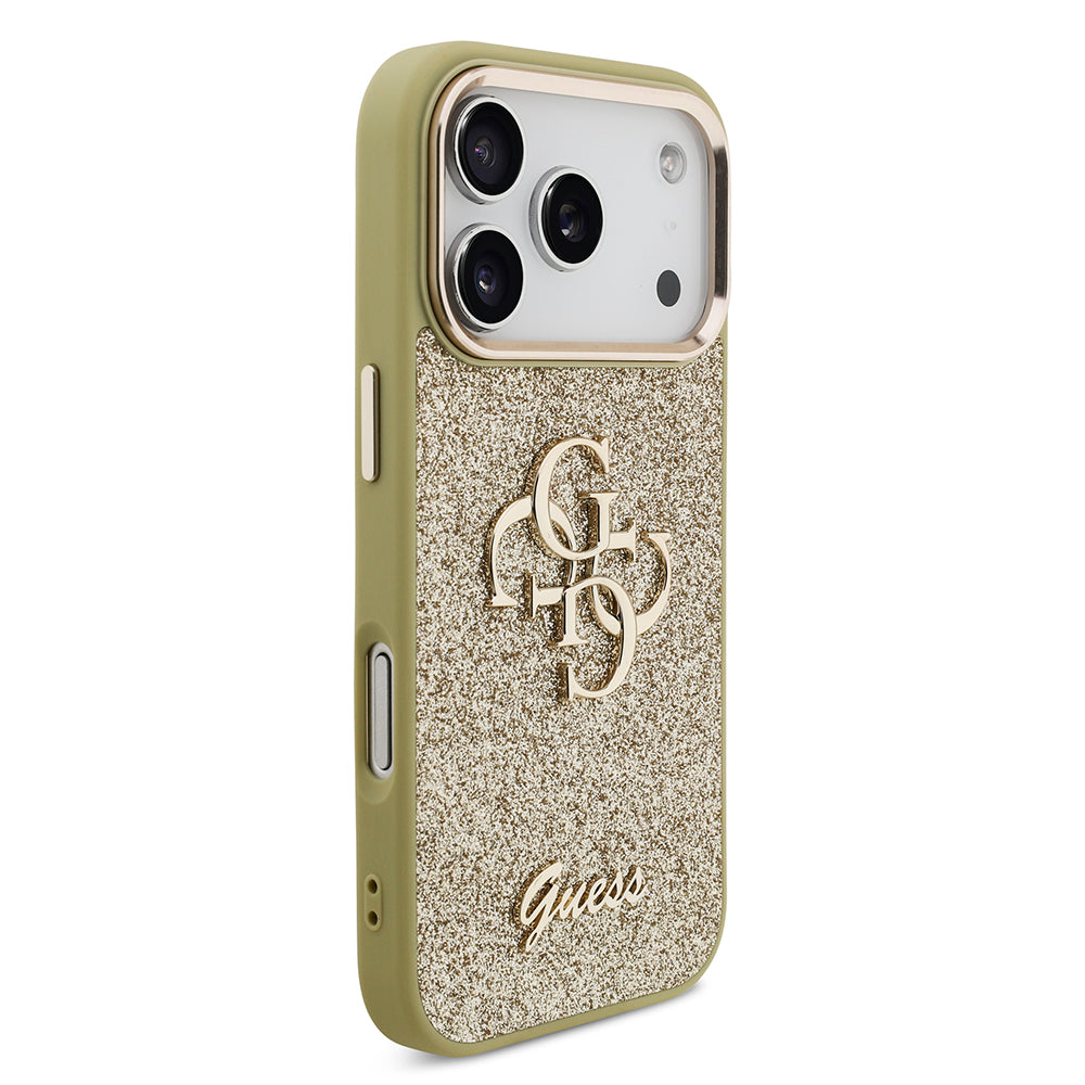 Guess iPhone 17 Pro Orjinal Lisanslı 4G Büyük Metal Kamera Çerçeveli ve Logolu Glitter Kılıf