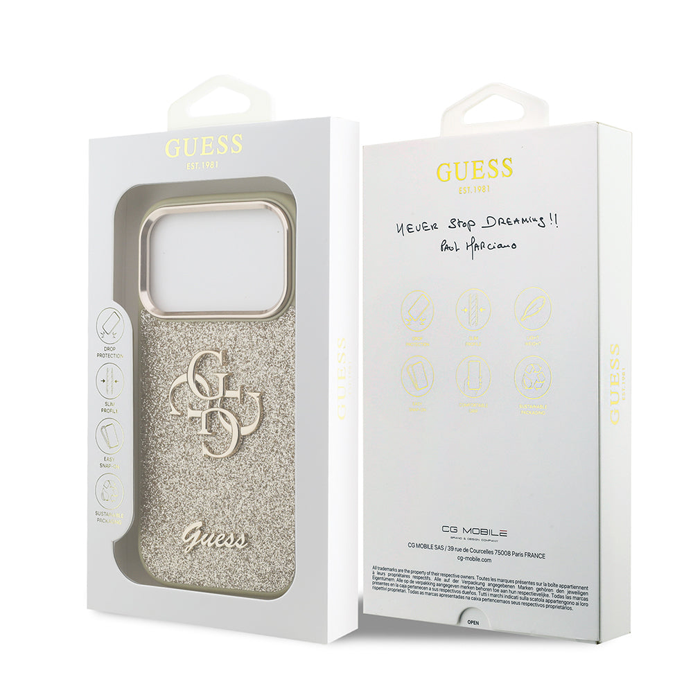 Guess iPhone 17 Pro Orjinal Lisanslı 4G Büyük Metal Kamera Çerçeveli ve Logolu Glitter Kılıf