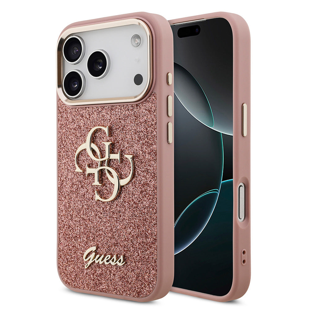 Guess iPhone 17 Pro Orjinal Lisanslı 4G Büyük Metal Kamera Çerçeveli ve Logolu Glitter Kılıf