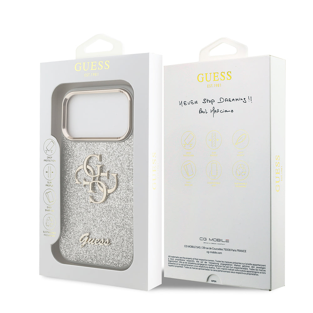 Guess iPhone 17 Pro Orjinal Lisanslı 4G Büyük Metal Kamera Çerçeveli ve Logolu Glitter Kılıf