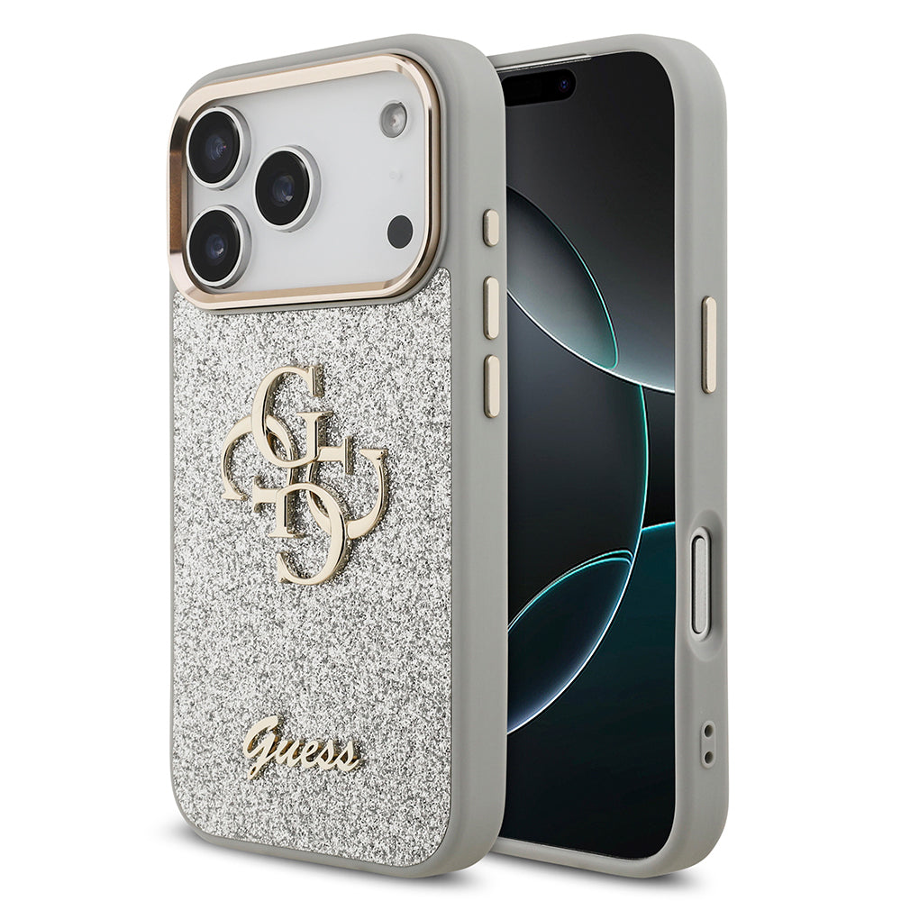 Guess iPhone 17 Pro Orjinal Lisanslı 4G Büyük Metal Kamera Çerçeveli ve Logolu Glitter Kılıf