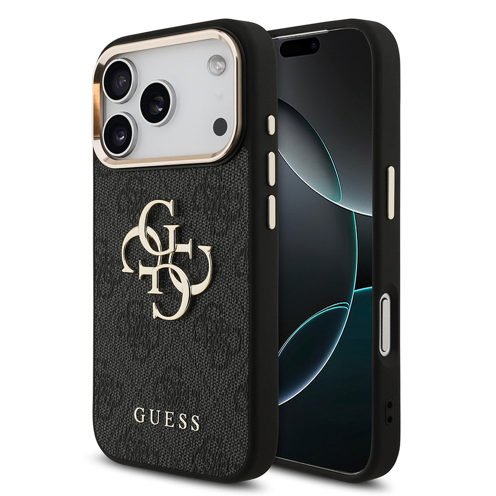 Guess iPhone 17 Pro Orjinal Lisanslı Gold Metal Kamera Çerçeveli 4G Desenli Metal Büyük 4G ve Yazı Logolu Kılıf