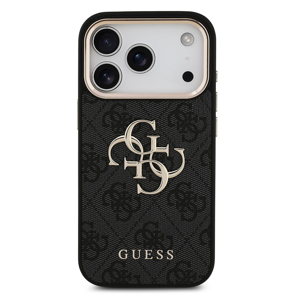 Guess iPhone 17 Pro Orjinal Lisanslı Gold Metal Kamera Çerçeveli 4G Desenli Metal Büyük 4G ve Yazı Logolu Kılıf