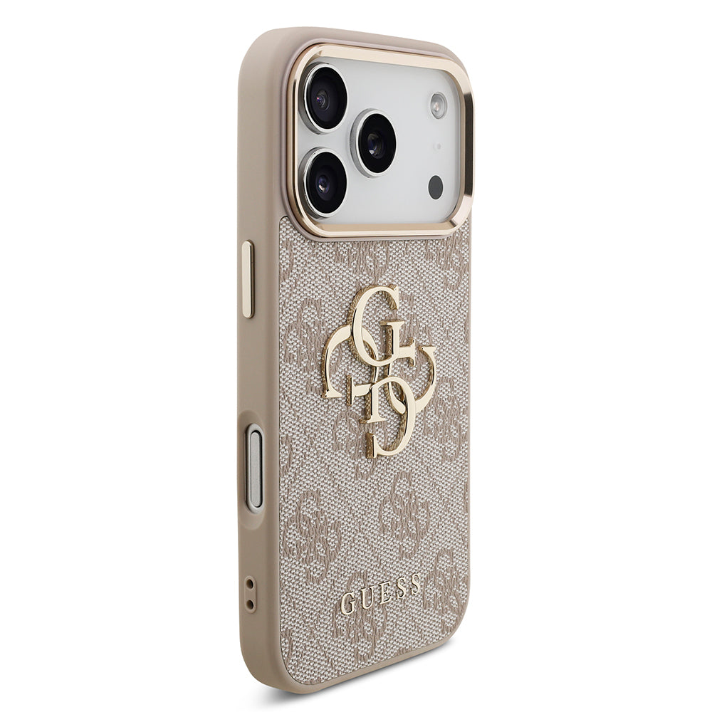 Guess iPhone 17 Pro Orjinal Lisanslı Gold Metal Kamera Çerçeveli 4G Desenli Metal Büyük 4G ve Yazı Logolu Kılıf