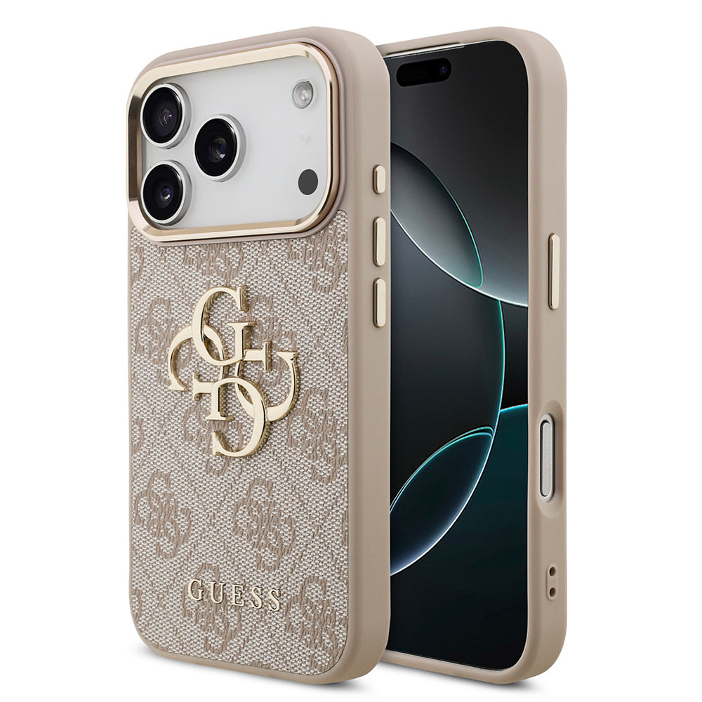 Guess iPhone 17 Pro Orjinal Lisanslı Gold Metal Kamera Çerçeveli 4G Desenli Metal Büyük 4G ve Yazı Logolu Kılıf