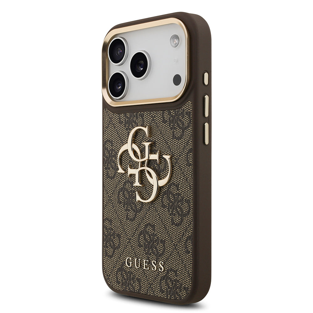 Guess iPhone 17 Pro Orjinal Lisanslı Gold Metal Kamera Çerçeveli 4G Desenli Metal Büyük 4G ve Yazı Logolu Kılıf