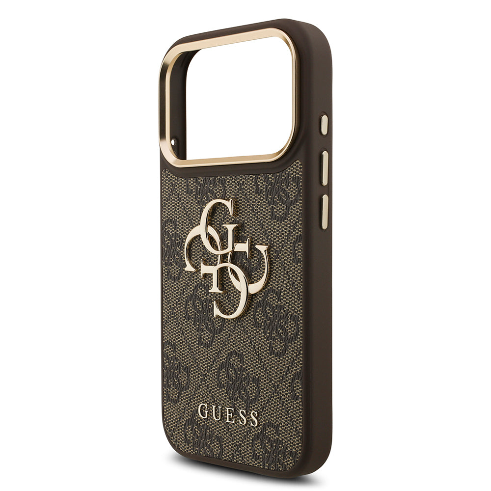 Guess iPhone 17 Pro Orjinal Lisanslı Gold Metal Kamera Çerçeveli 4G Desenli Metal Büyük 4G ve Yazı Logolu Kılıf