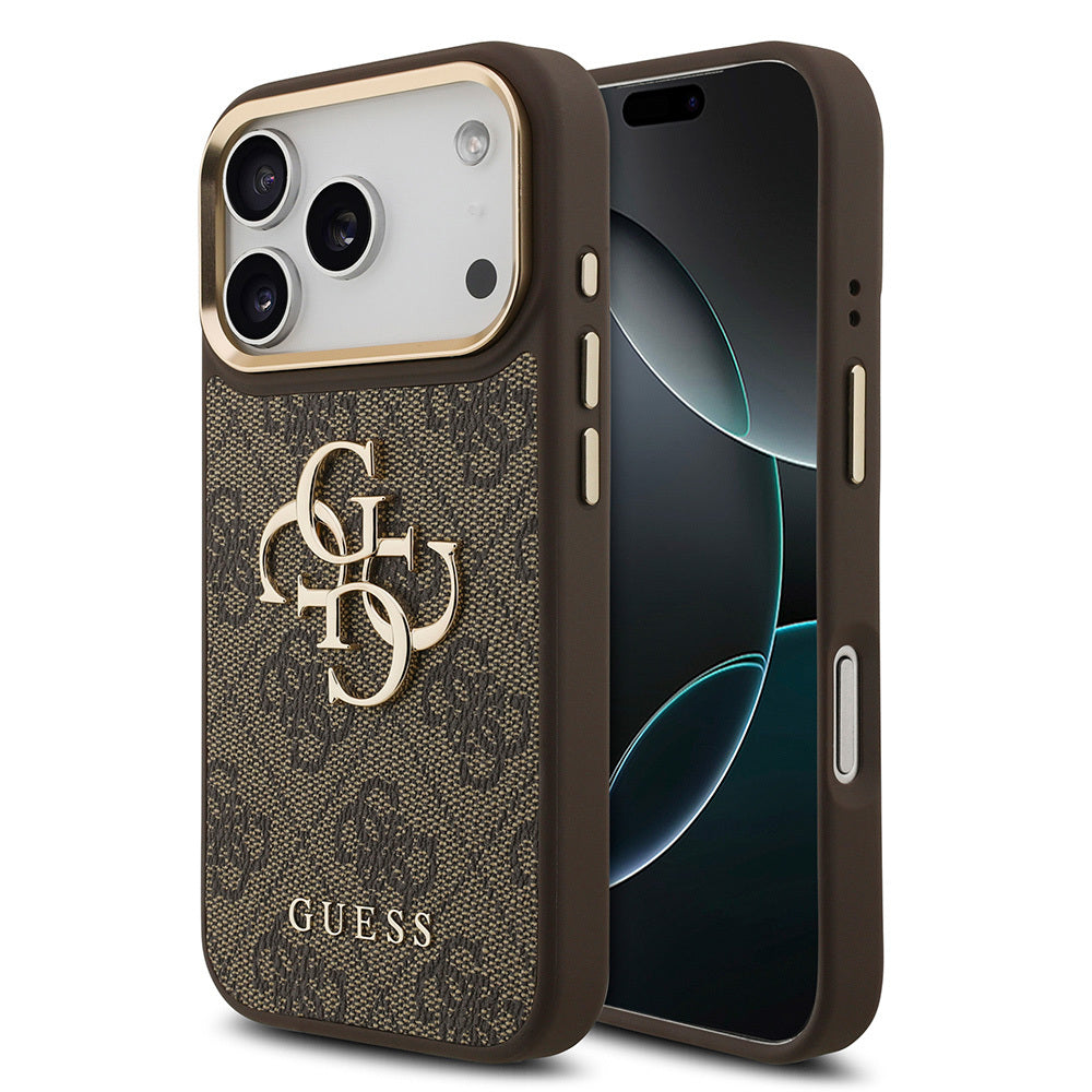 Guess iPhone 17 Pro Orjinal Lisanslı Gold Metal Kamera Çerçeveli 4G Desenli Metal Büyük 4G ve Yazı Logolu Kılıf