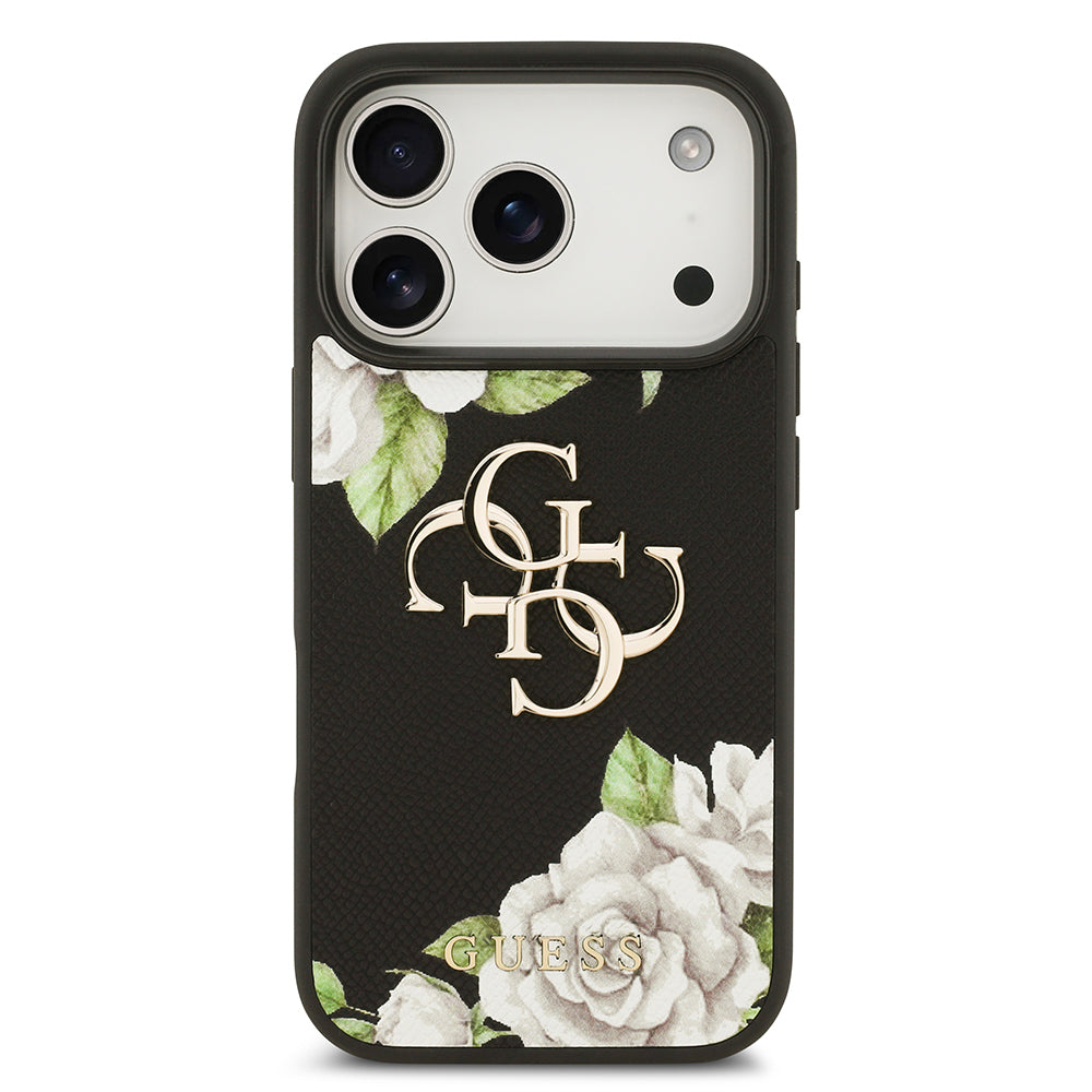 Guess iPhone 17 Pro Orjinal Lisanslı Gül Baskılı Büyük Metal Logo Dizaynlı Kılıf