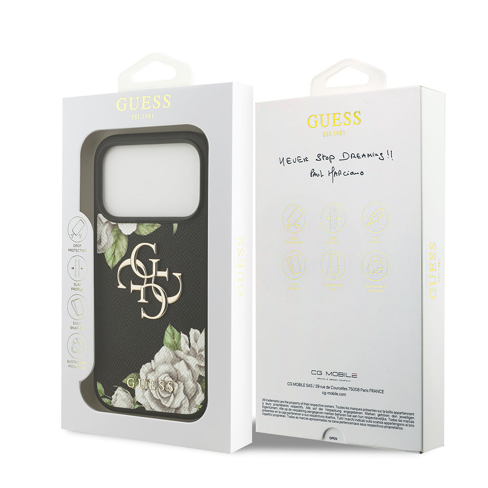 Guess iPhone 17 Pro Orjinal Lisanslı Gül Baskılı Büyük Metal Logo Dizaynlı Kılıf