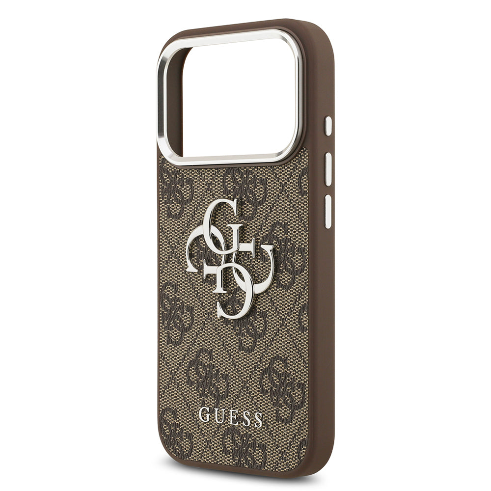 Guess iPhone 17 Pro Orjinal Lisanslı Gümüş Metal Kamera Çerçeveli 4G Desenli Metal Büyük 4G ve Yazı Logolu Kılıf