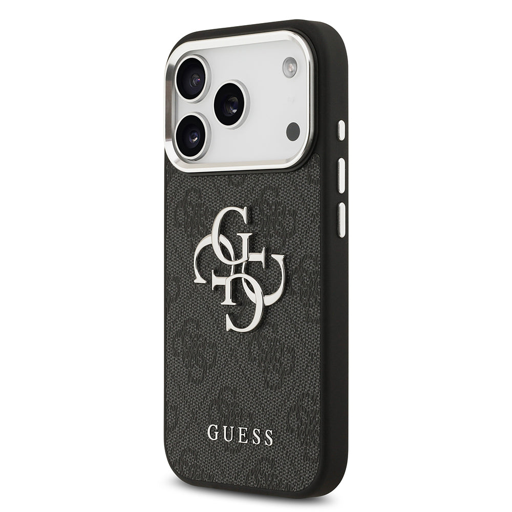 Guess iPhone 17 Pro Orjinal Lisanslı Gümüş Metal Kamera Çerçeveli 4G Desenli Metal Büyük 4G ve Yazı Logolu Kılıf