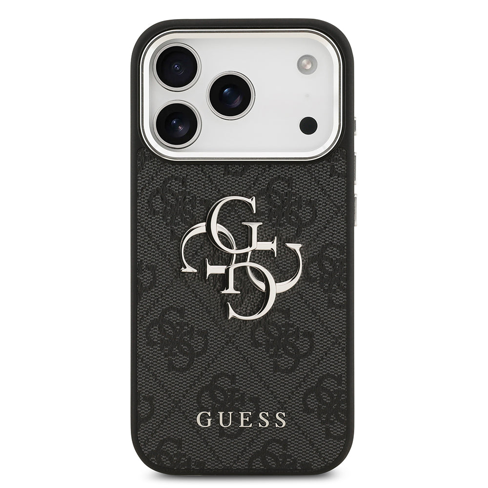 Guess iPhone 17 Pro Orjinal Lisanslı Gümüş Metal Kamera Çerçeveli 4G Desenli Metal Büyük 4G ve Yazı Logolu Kılıf